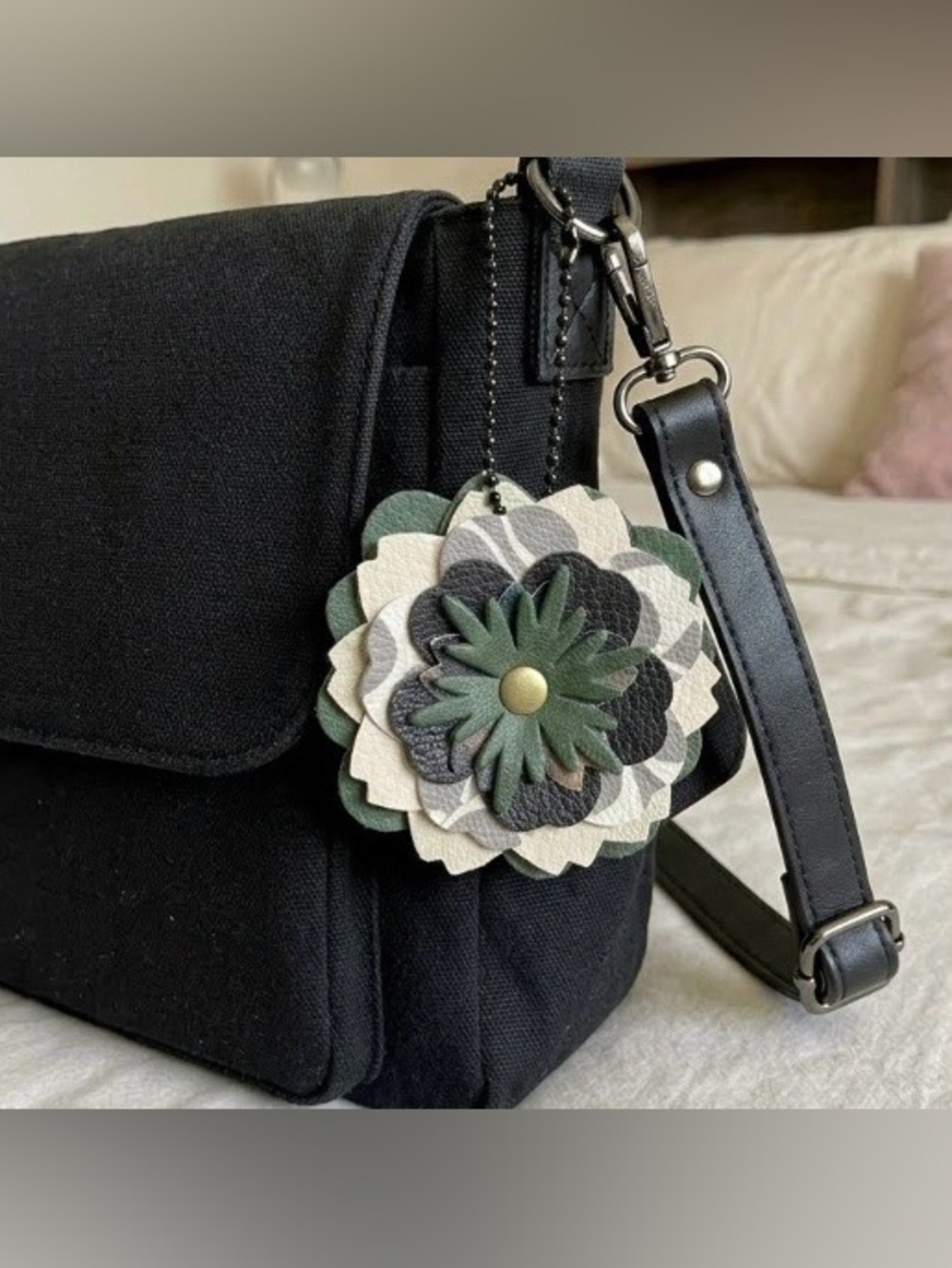 Coach Vintage Tea Rose Flower Bag Charm Keychain | Green/Black/Cream/Plaid